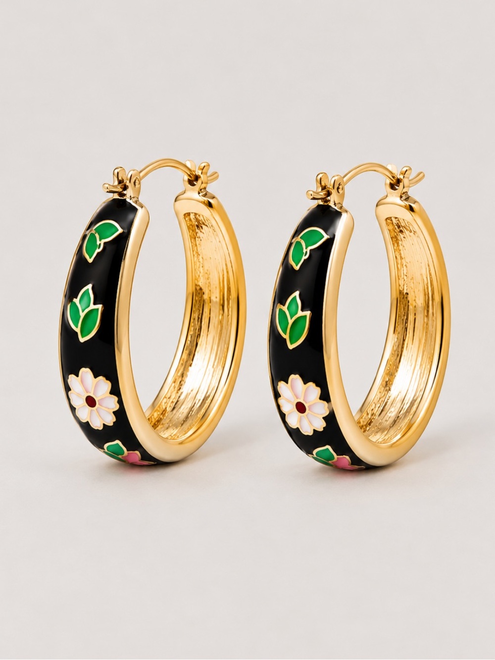 New! Black Flower Gold Hoop Earrings NWOT 1010